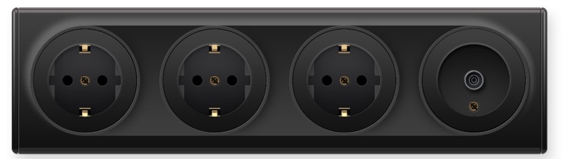 Три электрических розетки и одна телевизионная розетка F-типа черного цвета в четырехпостовой рамке. Серия электроустановочных изделий Florence