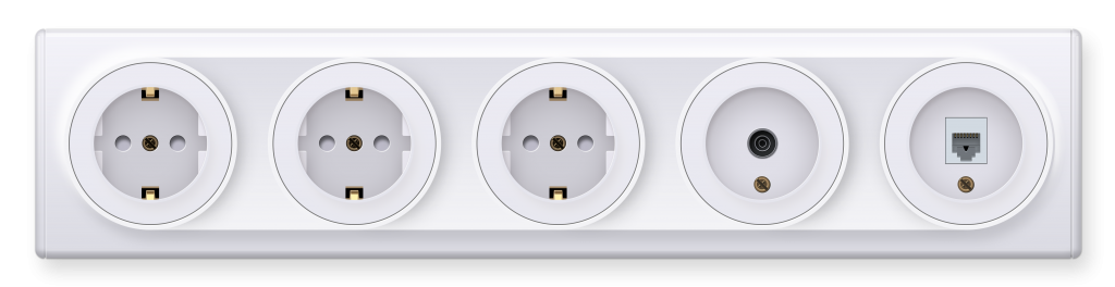 Три электрических розетки с заземлением, одна ТВ розетка и розетка RJ45 серии Florence в пятипостовой рамке